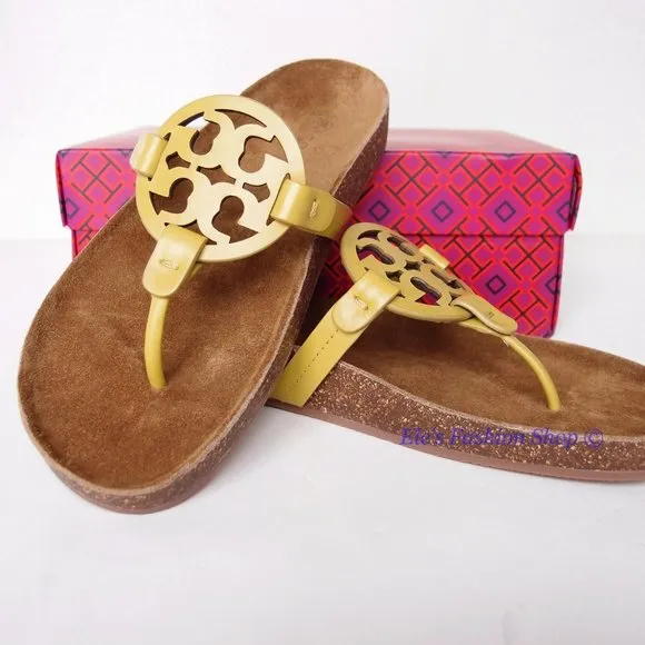 NIB Tory Burch Ergonomic Miller Cloud Leather Sandal Lemon Lime Green US 8 AUTH