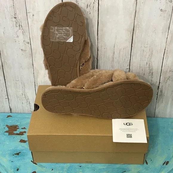 NIB UGG Sz 10 Leopard Open Toe Plush Slippers style: skuffita speckles