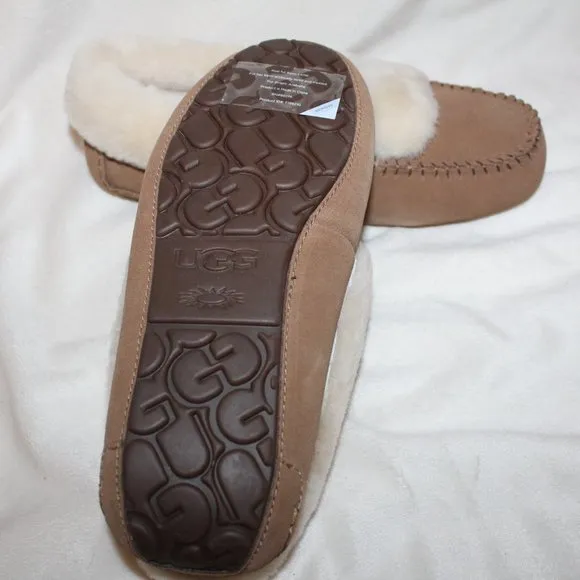 NIB UGG WOMEN'S SPILL SEAM SUEDE SHEARLING SLIP ON SLIPPERS CHESTNUT