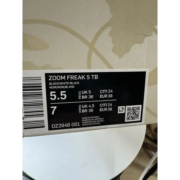 Nike Men's Zoom Freak 5 TB Black White Running Shoes Sneakers Men 5.5 Women 7