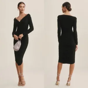Norma Kamali Tara Long-Sleeve Deep-V Ruched Stretch Jersey Midi Dress $175
