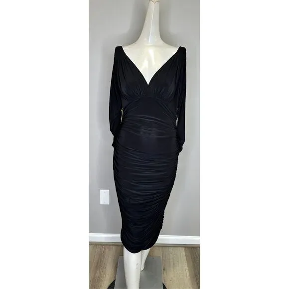 Norma Kamali Tara Long-Sleeve Deep-V Ruched Stretch Jersey Midi Dress $175