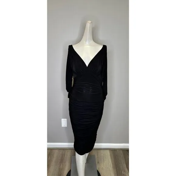 Norma Kamali Tara Long-Sleeve Deep-V Ruched Stretch Jersey Midi Dress $175