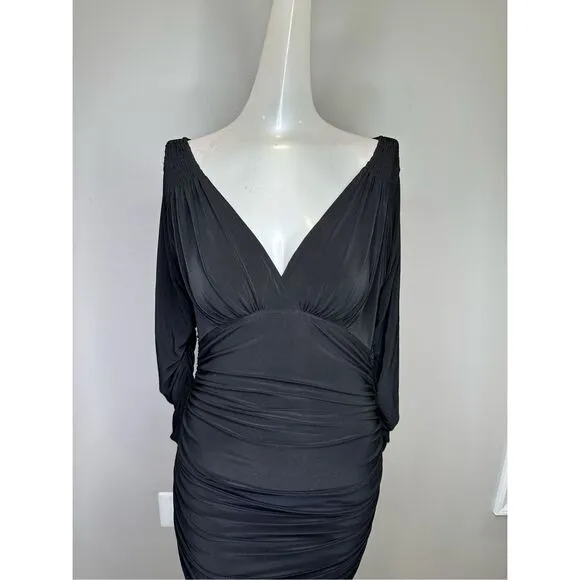 Norma Kamali Tara Long-Sleeve Deep-V Ruched Stretch Jersey Midi Dress $175