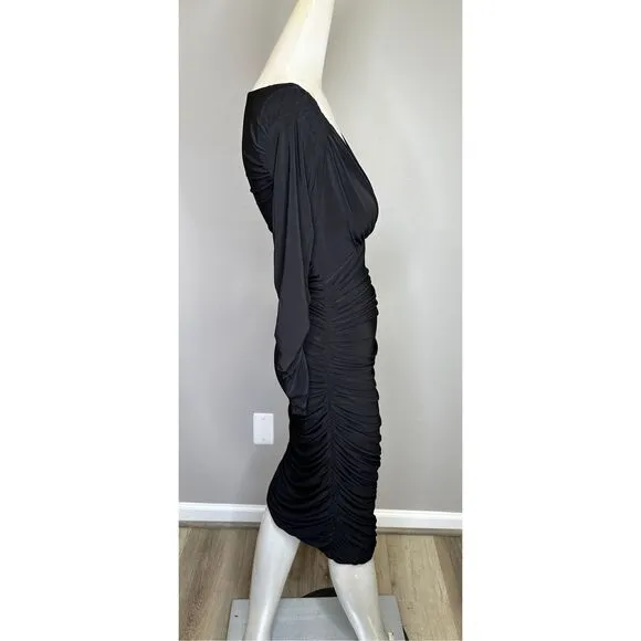 Norma Kamali Tara Long-Sleeve Deep-V Ruched Stretch Jersey Midi Dress $175