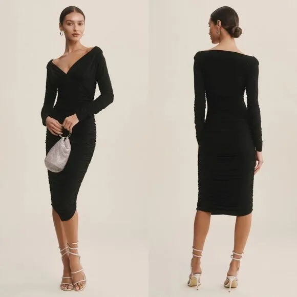 Norma Kamali Tara Long-Sleeve Deep-V Ruched Stretch Jersey Midi Dress $175