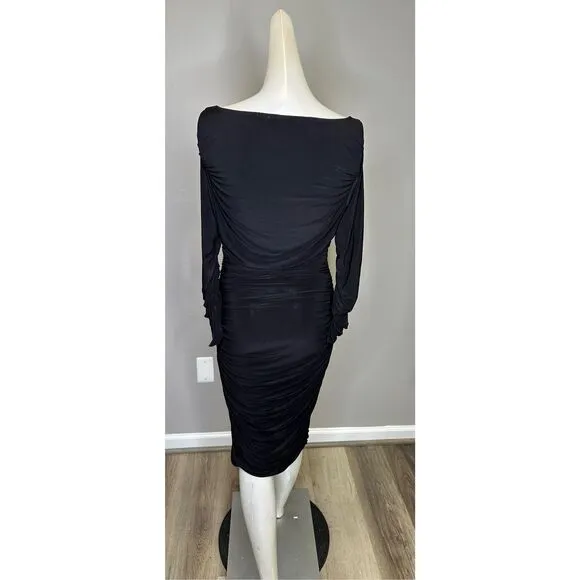 Norma Kamali Tara Long-Sleeve Deep-V Ruched Stretch Jersey Midi Dress $175