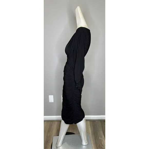 Norma Kamali Tara Long-Sleeve Deep-V Ruched Stretch Jersey Midi Dress $175