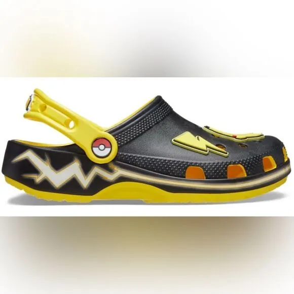 NWOB CROCS Youth Unisex Pokemon Pikachu Yellow Black Classic Clogs - Size J5