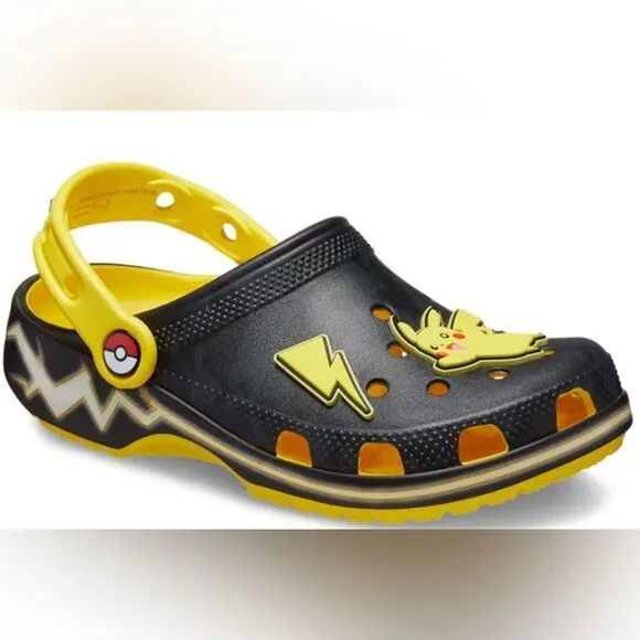 NWOB CROCS Youth Unisex Pokemon Pikachu Yellow Black Classic Clogs - Size J5