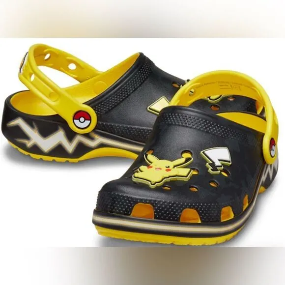 NWOB CROCS Youth Unisex Pokemon Pikachu Yellow Black Classic Clogs - Size J5
