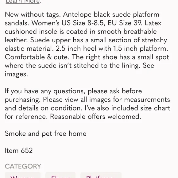 NWOT Antelope Black Suede Platform Sandals size 8