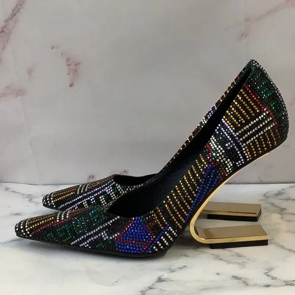 NWOT Jeffrey Campbell Crystal Pointed Toes Gold C Heel Shoes Size 6.5 US