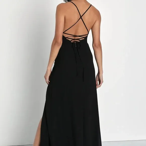 NWOT Lulus Classic Grace Black Chiffon Backless A-Line Maxi Dress