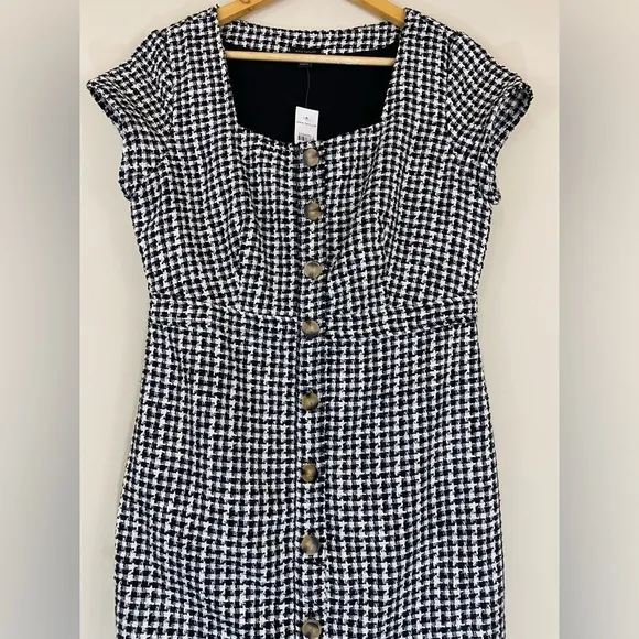 NWT Ann Taylor Gingham Tweed Button Front Sheath Dress Women’s Size 8