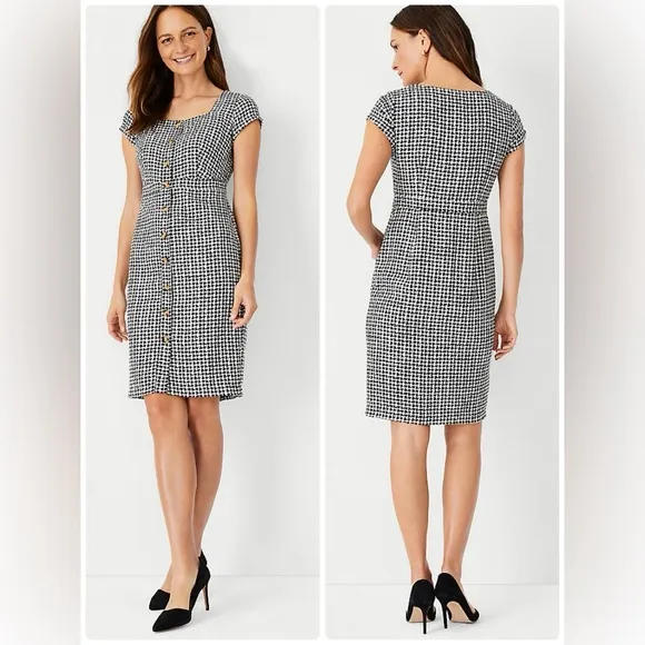 NWT Ann Taylor Gingham Tweed Button Front Sheath Dress Women’s Size 8