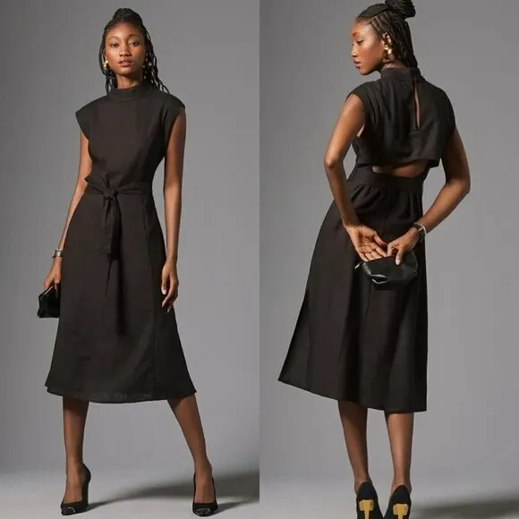 NWT Anthropologie Modern Belted Column Dress XS Black Linen Blend Open Back Midi