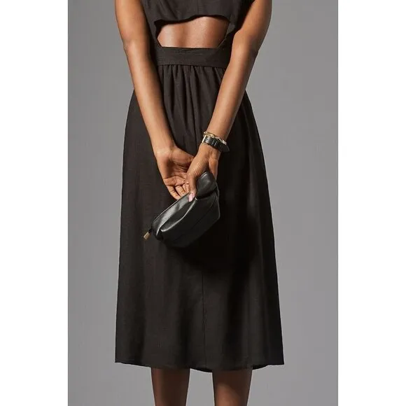 NWT Anthropologie Modern Belted Column Dress XS Black Linen Blend Open Back Midi