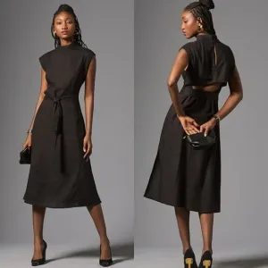 NWT Anthropologie Modern Belted Column Dress XS Black Linen Blend Open Back Midi
