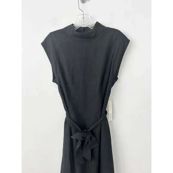 NWT Anthropologie Modern Belted Column Dress XS Black Linen Blend Open Back Midi