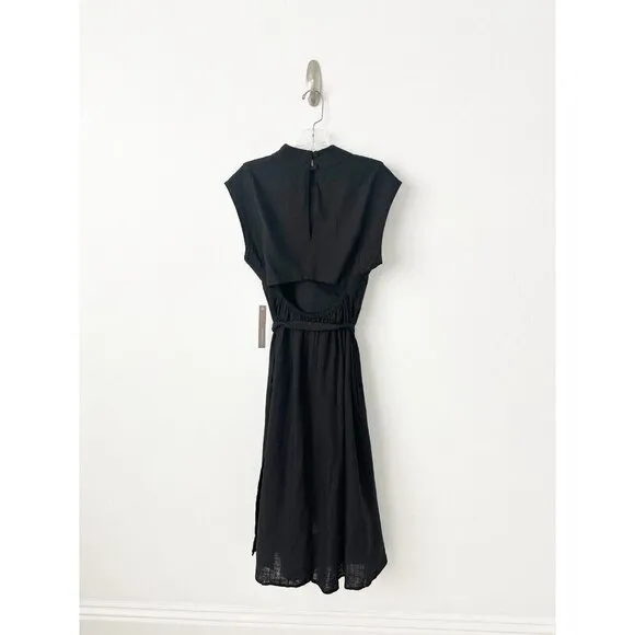 NWT Anthropologie Modern Belted Column Dress XS Black Linen Blend Open Back Midi