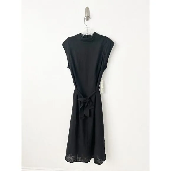NWT Anthropologie Modern Belted Column Dress XS Black Linen Blend Open Back Midi