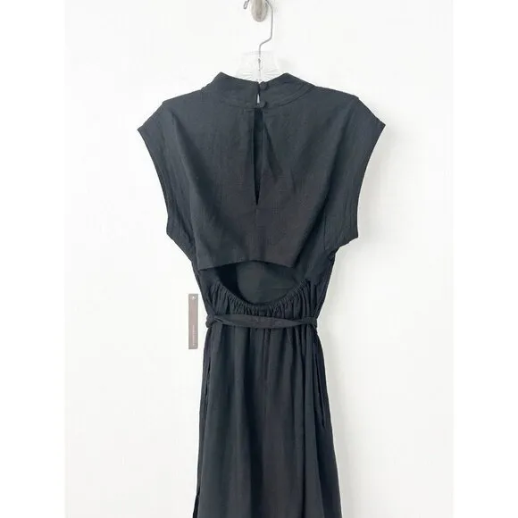 NWT Anthropologie Modern Belted Column Dress XS Black Linen Blend Open Back Midi