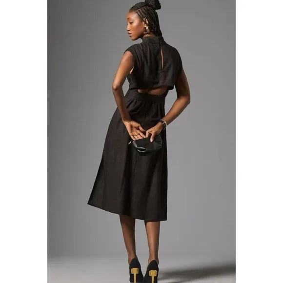 NWT Anthropologie Modern Belted Column Dress XS Black Linen Blend Open Back Midi