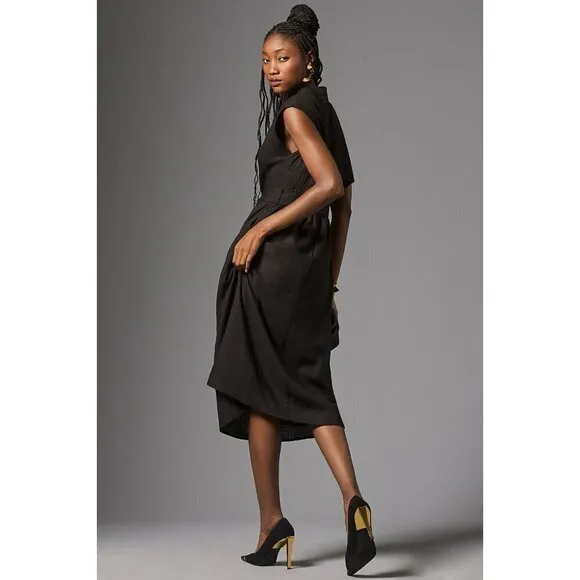NWT Anthropologie Modern Belted Column Dress XS Black Linen Blend Open Back Midi