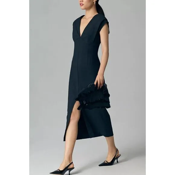 NWT Anthropologie Modern Slim Midi Dress SP Black Midi Linen Blend Sheath $170