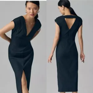 NWT Anthropologie Modern Slim Midi Dress SP Black Midi Linen Blend Sheath $170