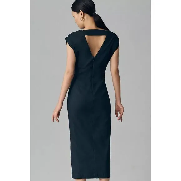NWT Anthropologie Modern Slim Midi Dress SP Black Midi Linen Blend Sheath $170