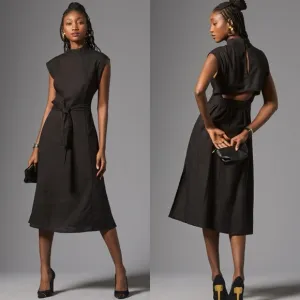 NWT Anthropologie Porridge Modern Belted Column Midi Dress Black