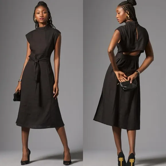 NWT Anthropologie Porridge Modern Belted Column Midi Dress Black