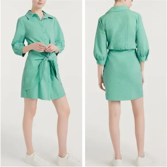 NWT Cinq a Sept 5a7 Gaby Mini Dress Green White Stripe Cotton Casual Shirt Dress