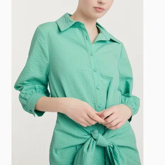 NWT Cinq a Sept 5a7 Gaby Mini Dress Green White Stripe Cotton Casual Shirt Dress