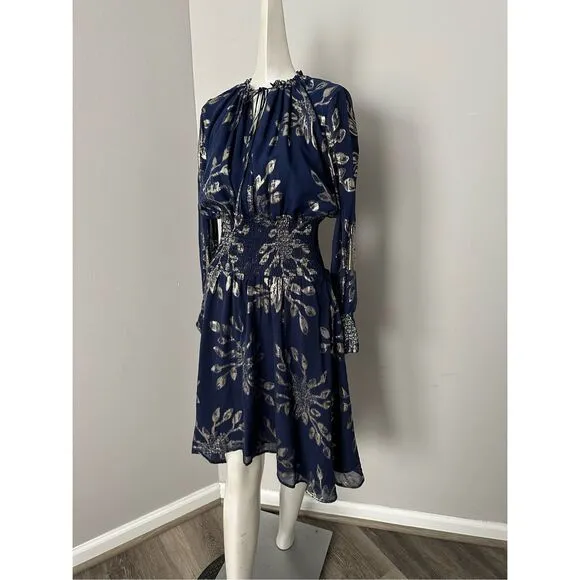 NWT Delfi Collective Metallic Floral Smock Waist Silk Rochelle Dress Navy Small