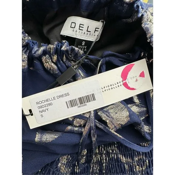 NWT Delfi Collective Metallic Floral Smock Waist Silk Rochelle Dress Navy Small