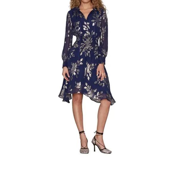 NWT Delfi Collective Metallic Floral Smock Waist Silk Rochelle Dress Navy Small
