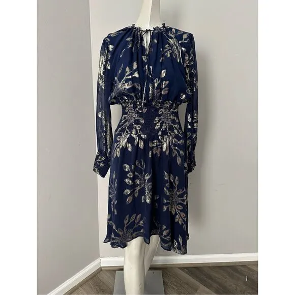 NWT Delfi Collective Metallic Floral Smock Waist Silk Rochelle Dress Navy Small
