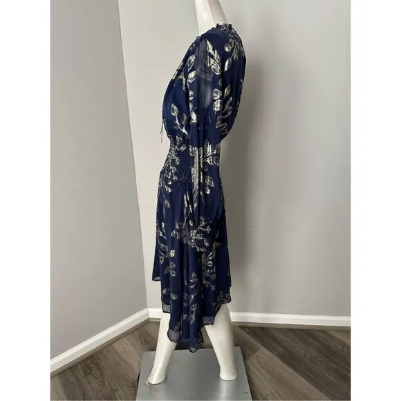 NWT Delfi Collective Metallic Floral Smock Waist Silk Rochelle Dress Navy Small
