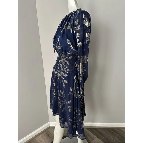 NWT Delfi Collective Metallic Floral Smock Waist Silk Rochelle Dress Navy Small