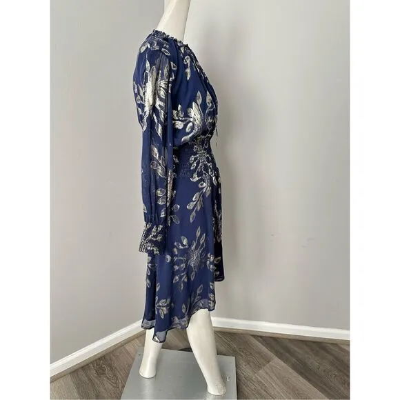 NWT Delfi Collective Metallic Floral Smock Waist Silk Rochelle Dress Navy Small