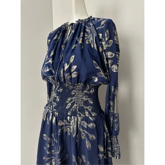 NWT Delfi Collective Metallic Floral Smock Waist Silk Rochelle Dress Navy Small