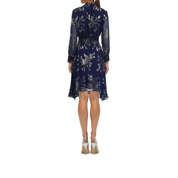 NWT Delfi Collective Metallic Floral Smock Waist Silk Rochelle Dress Navy Small