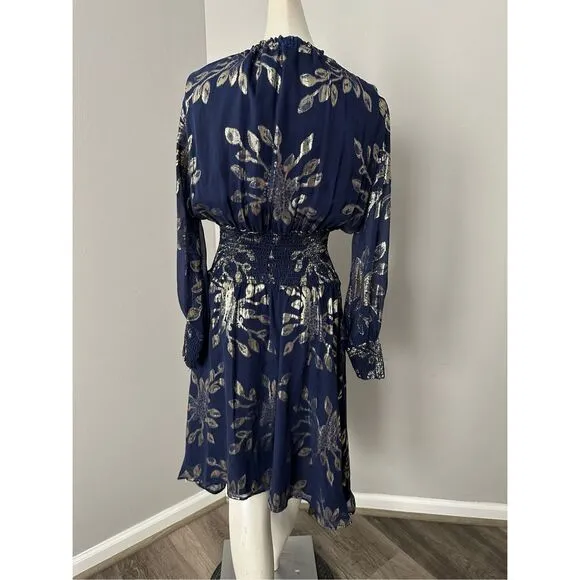 NWT Delfi Collective Metallic Floral Smock Waist Silk Rochelle Dress Navy Small