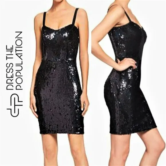 NWT DRESS THE POPULATION Purl iridescent Sequin Cocktail Party Mini Dress