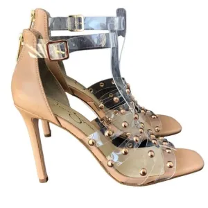 NWT Jessica Simpson Tan Beige Khaki Back Clear Vinyl front with diver Studs 4”