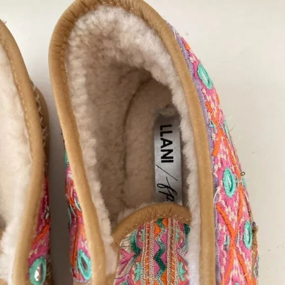 NWT Llani x Free People Boho Pink Embellished Fluffy Slippers Sz 36