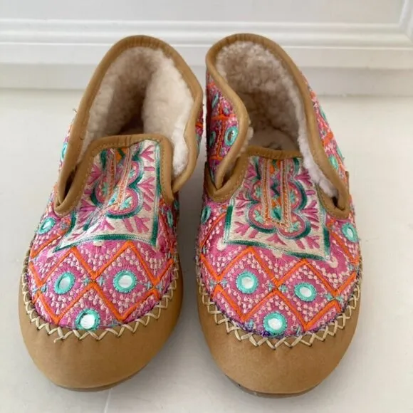 NWT Llani x Free People Boho Pink Embellished Fluffy Slippers Sz 36